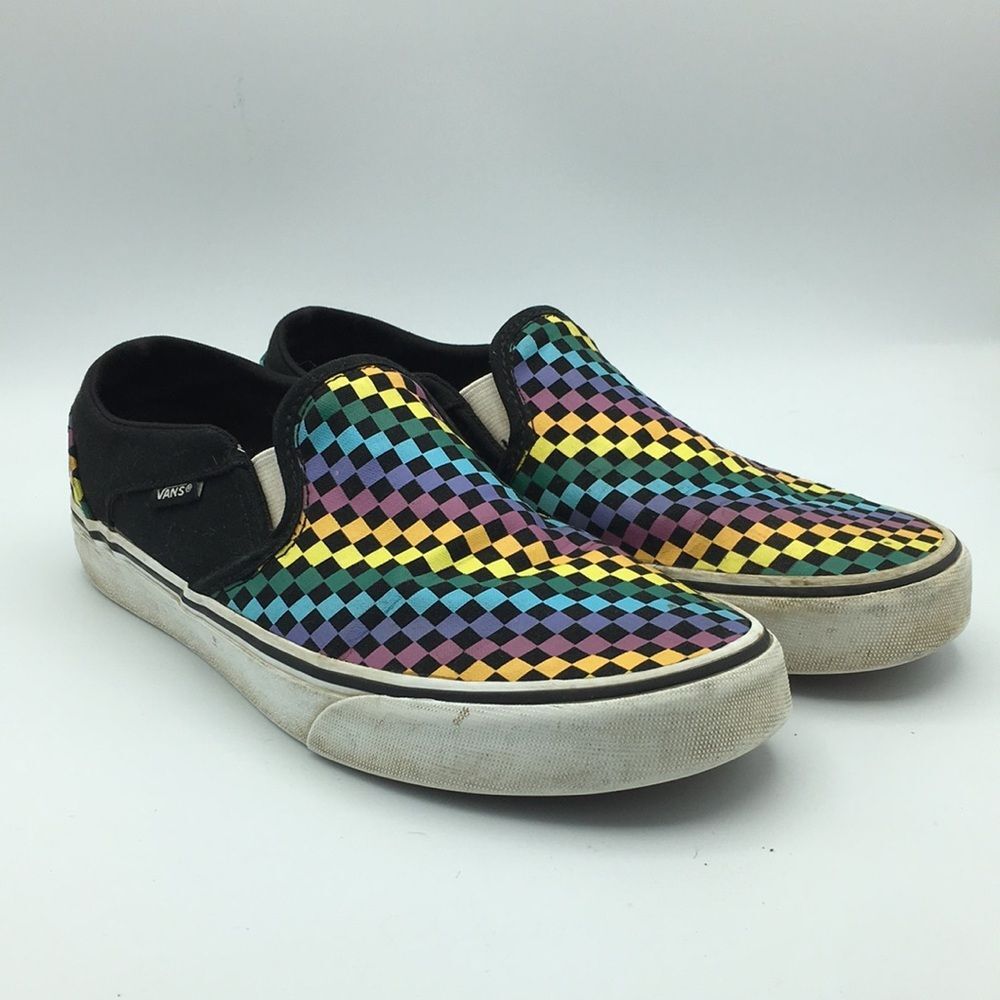 Vans Asher Rainbow Checkerboard Multicolor Checkered Slip-On Shoes Women's 8